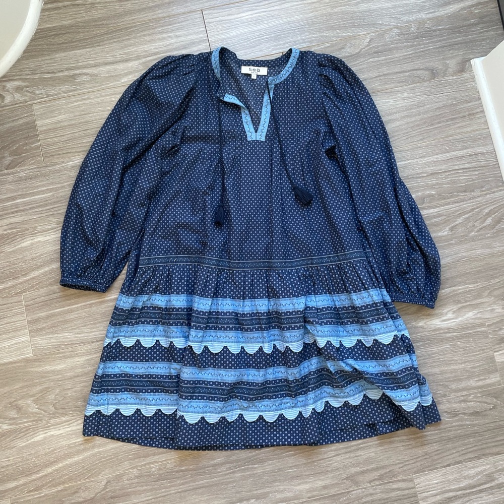 Sea New York Palmer Tunic Dress Sz S EUC Blue Long Sleeve 100% Cotton